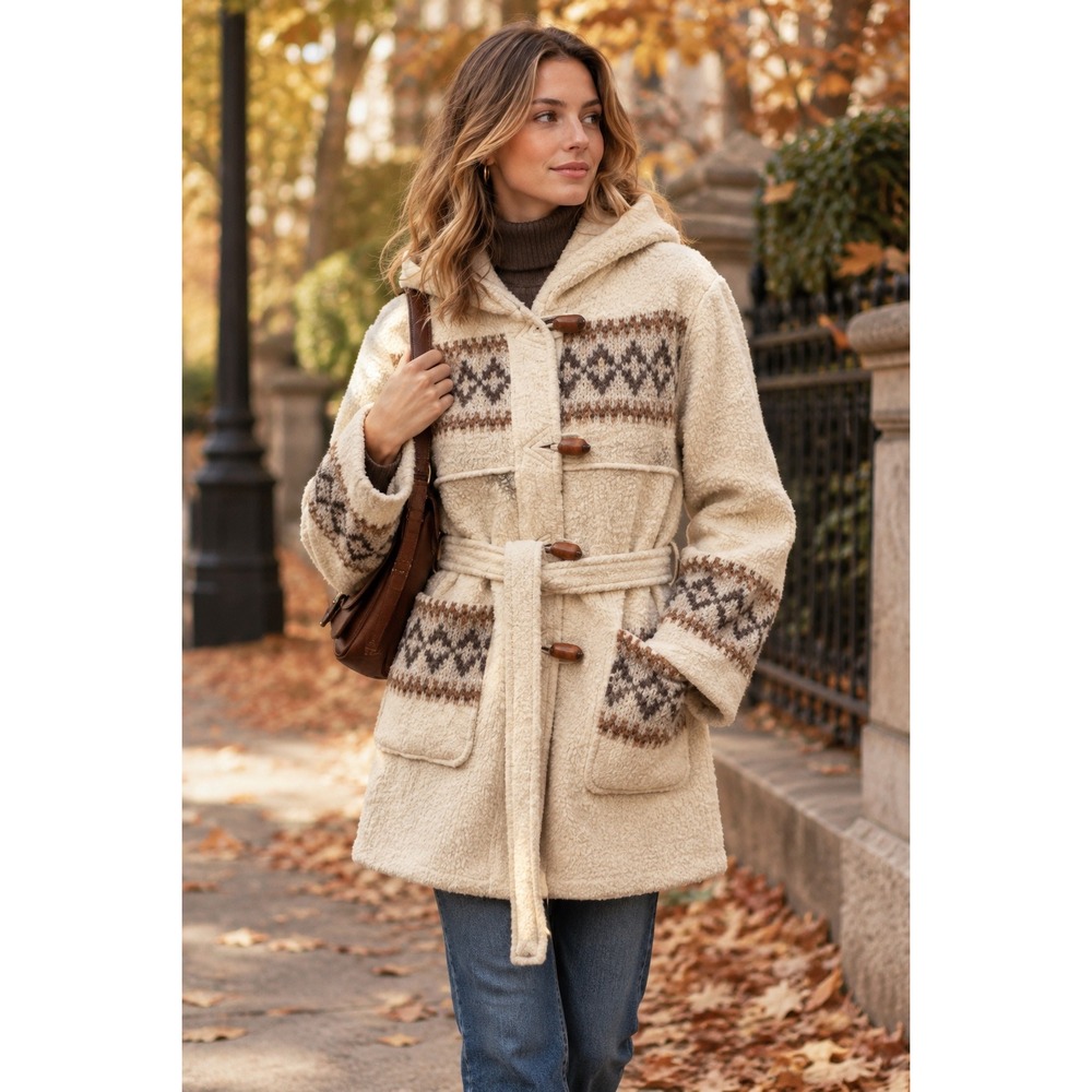 Gemini Fashions Canada Vintage Hooded Sherpa Coat Fair Isle Toggle Belted Cream
